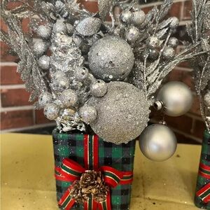 3 Silver Holiday Arrangement with Plaid Base